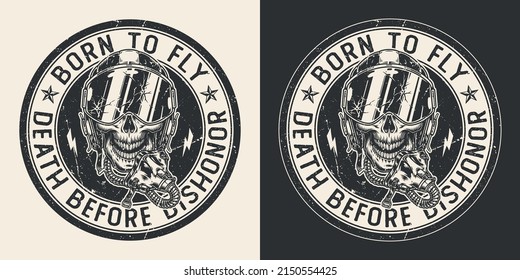 Skull pilot monochrome vintage element dead man in aviator helmet with broken glasses and born to fly slogan vector illustration