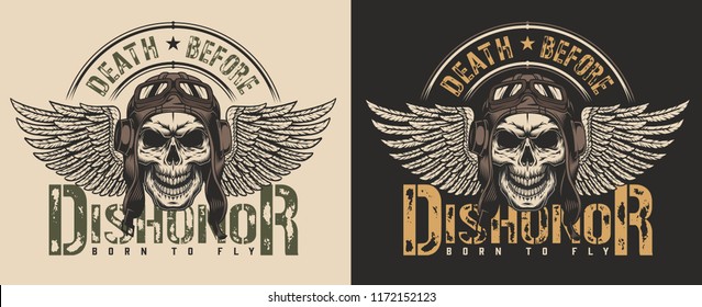 Skull in the pilot retro helmet t-shirt print concept. Vector illustration