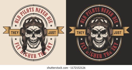 Skull in the pilot retro helmet t-shirt print concept. Vector illustration