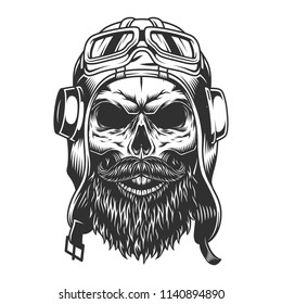 Skull in the pilot retro helmet. Vector illustration