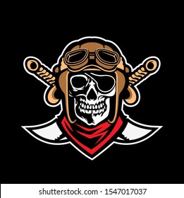 Skull with Pilot Vintage Helmet with Antique Cross Sword Behind in Vector Illustration