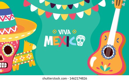 skull pinata and guitar celebration viva mexico vector illustration