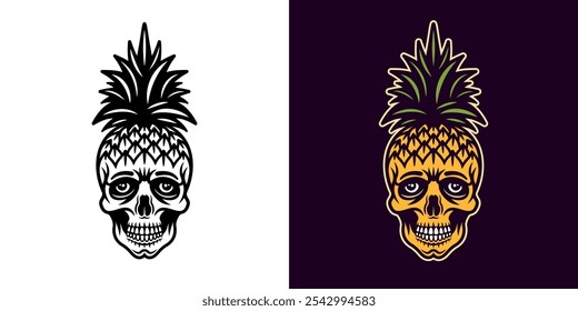 Skull pineapple cartoon character, summer theme vector illustration in two styles, black on white and colored