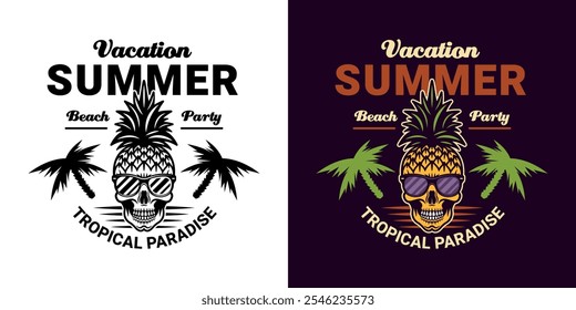 Crânio personagem de desenho animado abacaxi, tema de verão vetor emblema em dois estilos, preto em branco e colorido