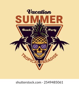 Skull pineapple cartoon character, summer theme vector emblem in colored style on light background