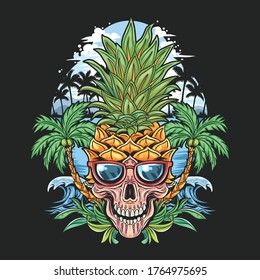 SKULL PINEAPPLE HEAD WITH GLASSES AND COCONUT TREE IN THE BEACH ARTWORK VECTOR