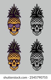 Skull pineapple in sunglasses cartoon character, summer theme set of vector illustrations in two styles