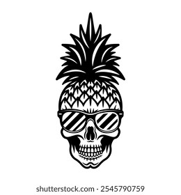 Skull pineapple in sunglasses cartoon character, summer theme vector illustration monochrome style isolated on white background