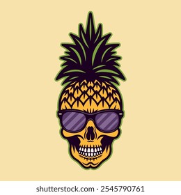 Skull pineapple in sunglasses cartoon character, summer theme vector illustration colored style on light background