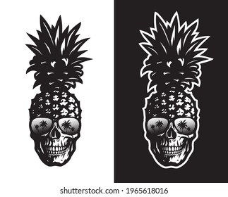 Schädelananas auf hellem und dunklem Hintergrund in einer Sonnenbrille.
