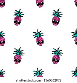 Skull pineapple with sunglasses seamless pattern white background