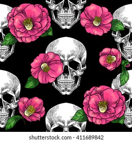 Skull and  pink camellia on black background  .Vector seamless pattern