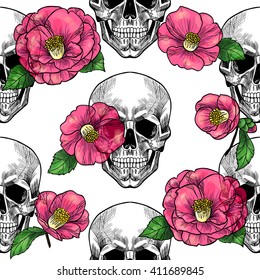 Skull and  pink camellia  .Vector seamless pattern