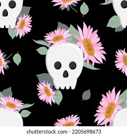 Skull with pink flowers on a black background. Seamless vector pattern.