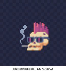 Skull with pink hair with a smoking cigarette and glasses, cyberpunk style pixel art icon, isolated vector illustration. Design for logo, sticker and app.