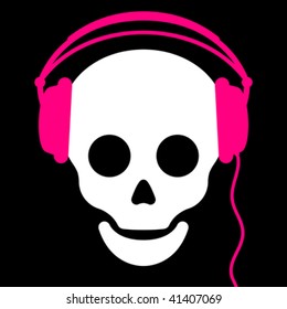 Skull with with pink headphones  - vector