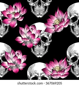 Skull and pink lotuses on black background. Vector seamless pattern