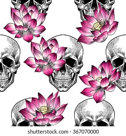 Skull and pink lotuses. Vector seamless pattern