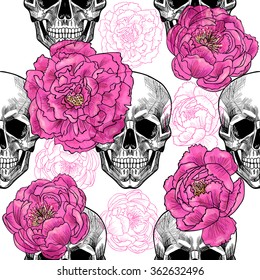 Skull and pink peonies on a white background. Vector seamless pattern
