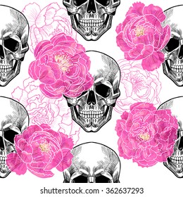 Skull and pink peonies . Vector seamless pattern