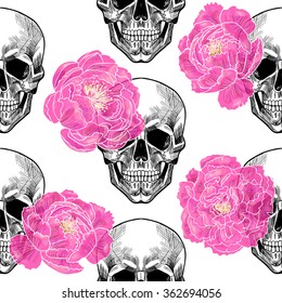 Skull and pink peonies . Vector seamless pattern