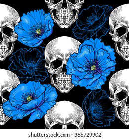 Skull and pink poppies on black background .Vector seamless pattern