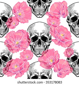 Skull and pink poppies on a white background.Vector seamless pattern