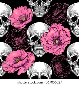 Skull and pink poppies .Vector seamless pattern