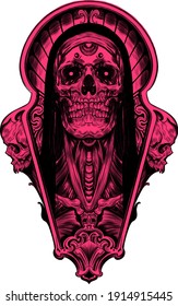 skull pink psychedelic sketch tattoo print vector illustration