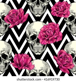 Skull and pink roses on a geometric background.  Vector seamless pattern