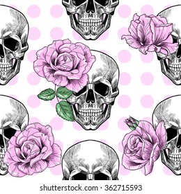 Skull and pink roses . Vector seamless pattern
