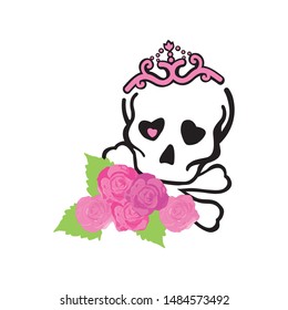 skull with pink tiara and roses flowers, vector 