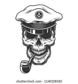 Skull with pipe in the captain hat. Vector illustration