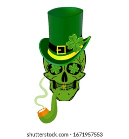 Calavera con una tubería en el Día de San Patricio, ilustración de arte vectorial.