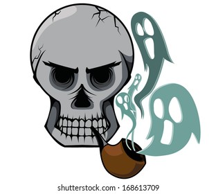 A skull and pipe with smoke of soul. 