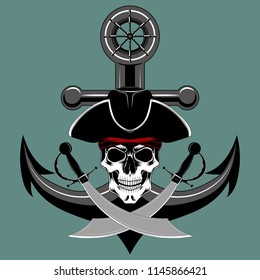 The skull of a pirate with an anchor.