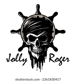 Skull of a pirate in a bandana against the background of the helm. Jolly Roger. Vector illustration isolated on white