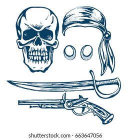 The skull of a pirate. Bandana. Earringi is a gypsy. Musket. Cutlass. Illustration of sketch vector stock.