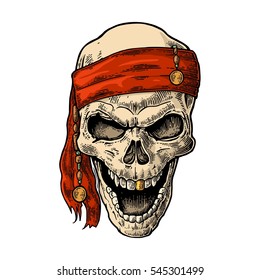 Skull pirate in bandana smiling. Color vintage engraving vector illustration. For poster and tattoo biker club. Hand drawn design element isolated on white background