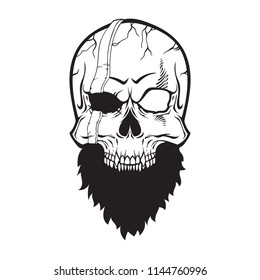 Skull Pirate with beard, vector illustration isolated on white background, line art illustration