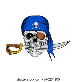 Skull Pirate With Blue Bandana bite a Sword, Hand Drawing Skull