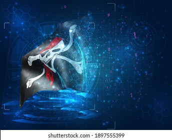 skull with pirate bones vector 3d flag on blue background with hud interfaces