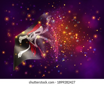 skull with pirate bones vector 3d flag on pink purple background with lighting and flares