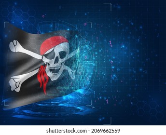 skull with pirate bones vector 3d flag on blue background with hud interfaces