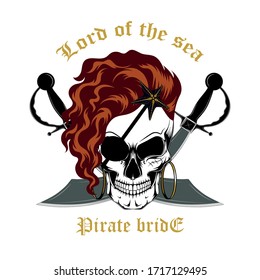 Skull of a pirate bride with swords. Vector image on a dark background.