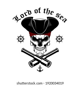 Skull of a pirate captain in a cocked hat. Template for print, emblem, tattoo.