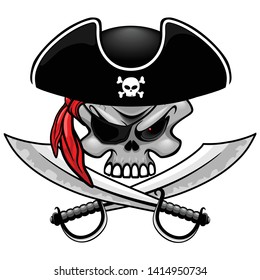 Skull Pirate Captain with Crossed Sabers Vector illustration isolated on white