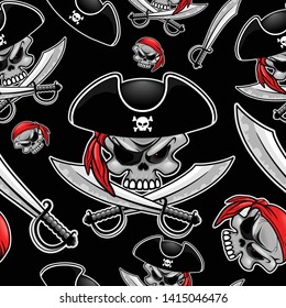 Skull Pirate Captain with Crossed Sabers Vector Seamless Pattern