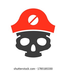 Skull with pirate captain hat colored icon. Tattoo sketch, cranium symbol