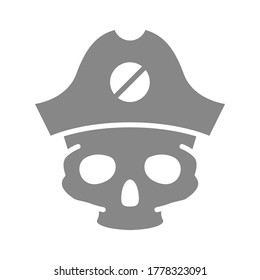 Skull with pirate captain hat grey icon. Tattoo sketch, cranium symbol